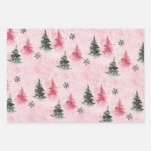 Roze groene kerstbomen inpakpapier vel (Voorkant)