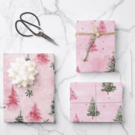 Roze Groene Kerstbomen Inpakpapier Vel