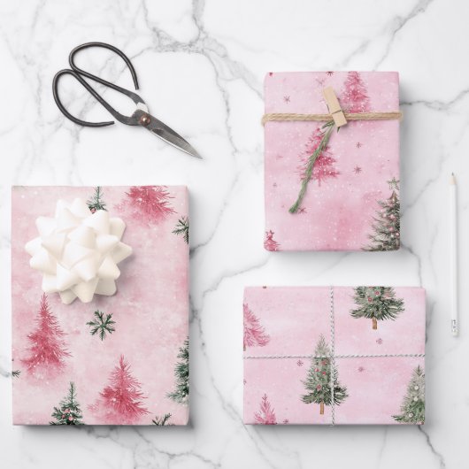Roze Groene Kerstbomen Inpakpapier Vel (Voorkant)