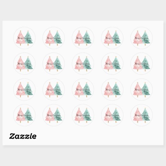 Roze groene kerstbomen ronde sticker (Vel)
