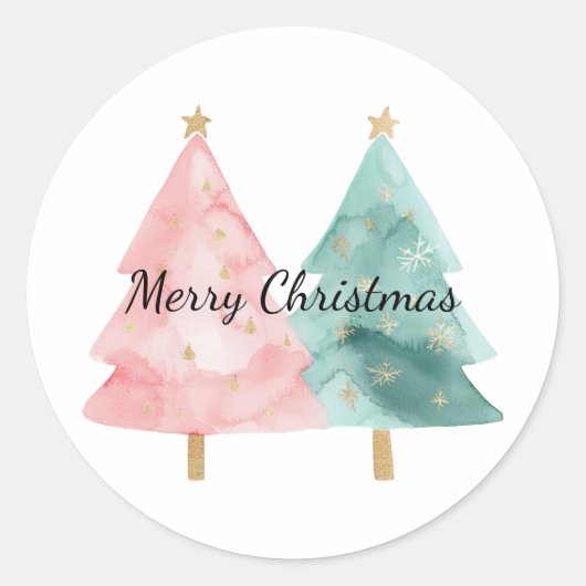 Roze groene kerstbomen ronde sticker (Voorkant)