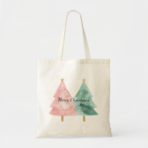 Roze groene kerstbomen tote bag