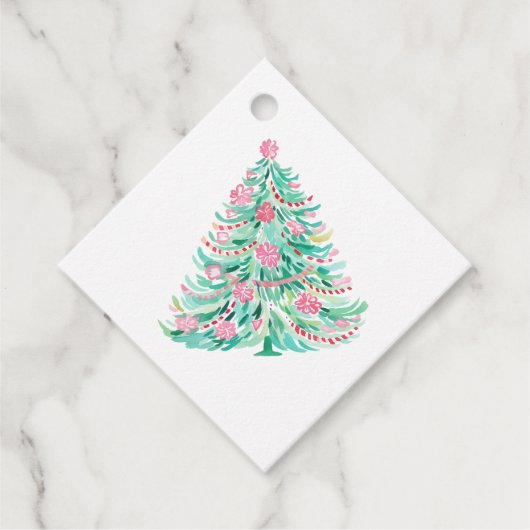 Roze & Groene Kerstboom Gift Label (Voorkant)