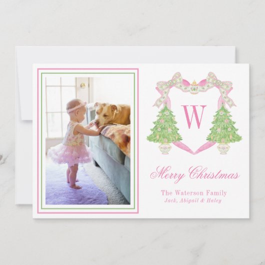 Roze & Groene Kerstboom Monogram Crest Foto Feestdagenkaart (Voorkant)