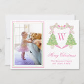 Roze & Groene Kerstboom Monogram Crest Foto Feestdagenkaart (Voorkant)