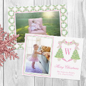Roze & Groene Kerstboom Monogram Crest Foto Feestdagenkaart