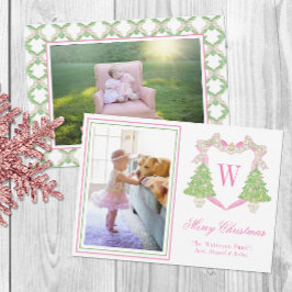 Roze & Groene Kerstboom Monogram Crest Foto Feestdagenkaart