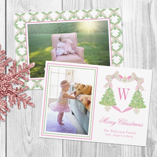 Roze & Groene Kerstboom Monogram Crest Foto Feestdagenkaart
