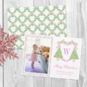 Roze & Groene Kerstboom Monogram Crest Foto Feestdagenkaart
