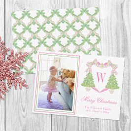 Roze & Groene Kerstboom Monogram Crest Foto Feestdagenkaart