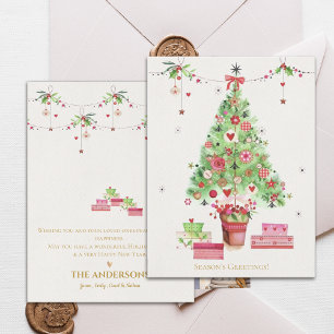 Roze Groene Kerstboom Seizoenen Groeten Briefkaart
