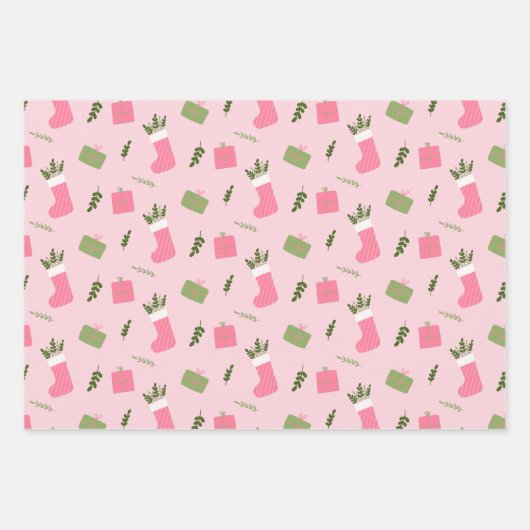 Roze groene kerstcadeautjes, stoppatronen Meerdere Inpakpapier Vel (Voorkant 3)