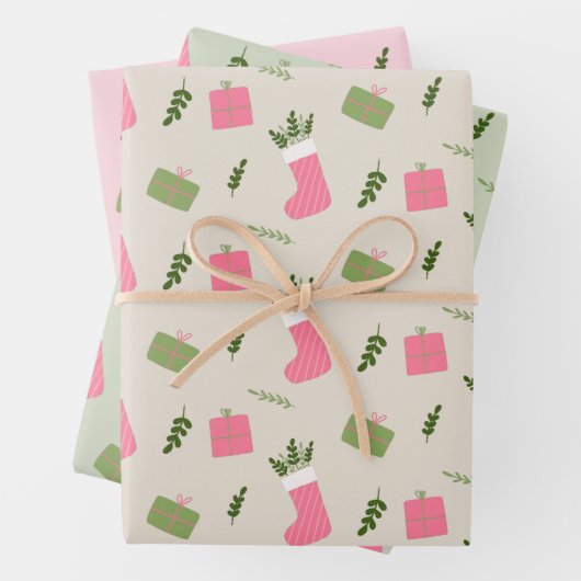 Roze groene kerstcadeautjes, stoppatronen Meerdere Inpakpapier Vel (In situ)