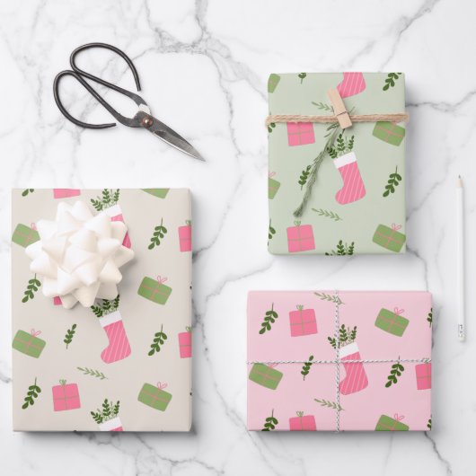 Roze groene kerstcadeautjes, stoppatronen Meerdere Inpakpapier Vel (Voorkant)