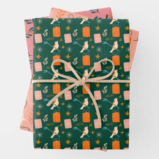 Roze Groene Kerstenset van 3 Inpakpapier Vel (In situ)