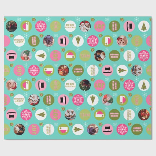 Roze groene kerstfoto cadeaupapier (Vlak)