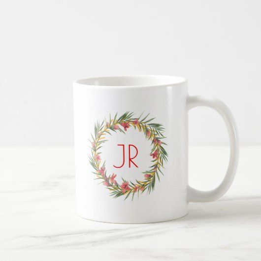 Roze & Groene Kerstmiskrans Monogram Koffiemok (Rechts)