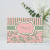 Roze, groene, khaki gestreepte damasten antwoordka kaart (Staand voorkant)