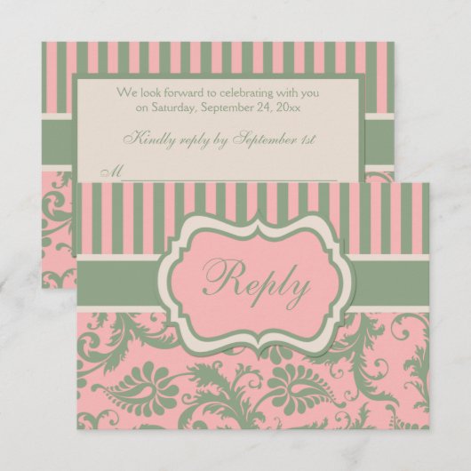 Roze, groene, Khaki Striped Damask Reply Kaart (Voorkant / Achterkant)
