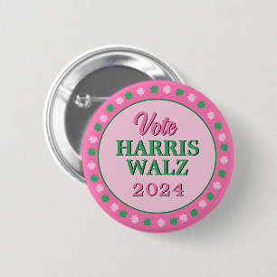 Roze groene klaver 2024 Stem Harris Walz Ronde Button 5,7 Cm