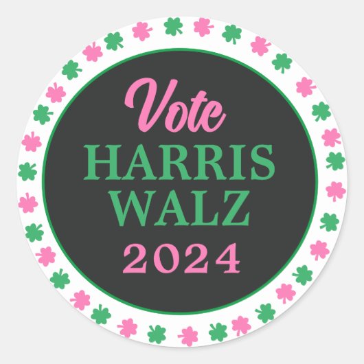 Roze groene klaver 2024 Stem Harris Walz Ronde Sticker (Voorkant)
