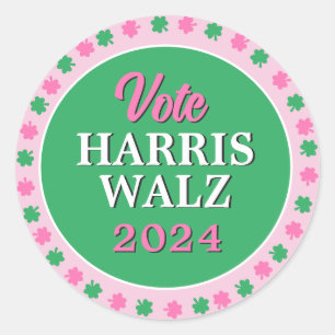 Roze groene klaver 2024 Stem Harris Walz Ronde Sticker