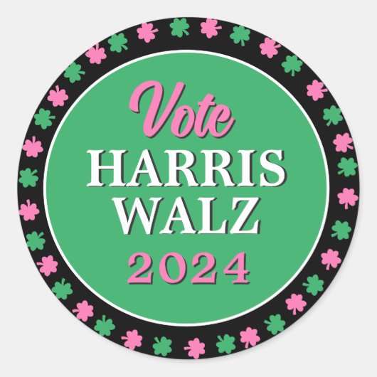 Roze groene klaver 2024 Stem Harris Walz Ronde Sticker (Voorkant)
