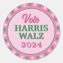 Roze groene klaver 2024 Stem Harris Walz Ronde Sticker