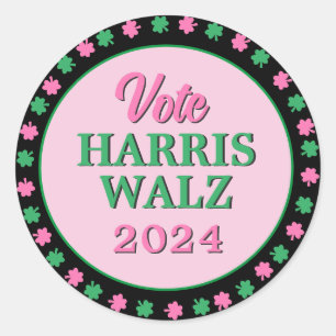 Roze groene klaver 2024 Stem Harris Walz Ronde Sticker