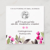 Roze groene kleurige florale waterverf dank u vierkante visitekaartje (Achterkant)