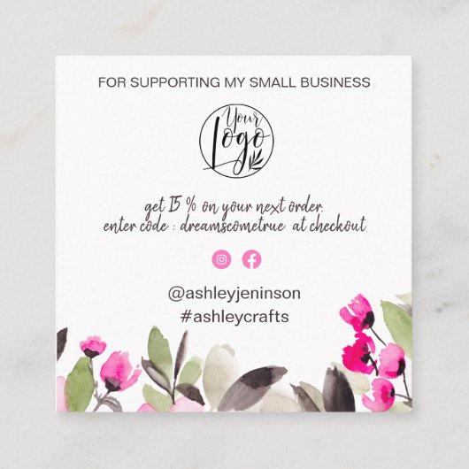 Roze groene kleurige florale waterverf dank u vierkante visitekaartje (Achterkant)