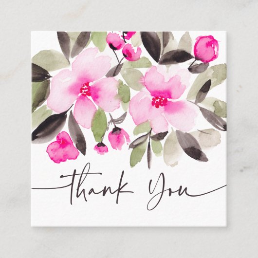 Roze groene kleurige florale waterverf dank u vierkante visitekaartje (Voorkant)
