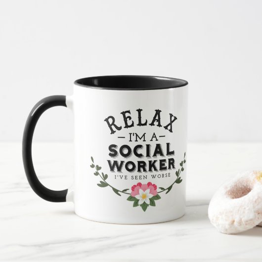 Roze groene leder Floral Quote Relax Social Worker Mok (Met donut)