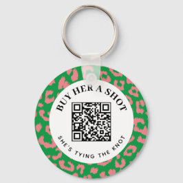 Roze Groene Leopard Bachelorette Party QR Betaling Sleutelhanger