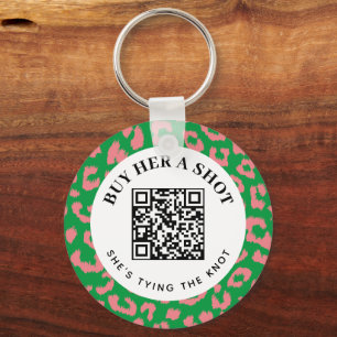 Roze Groene Leopard Bachelorette Party QR Betaling Sleutelhanger