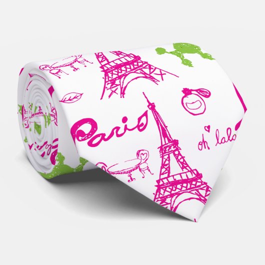 Roze groene liefde voor Parijs Stropdas (Opgerold)