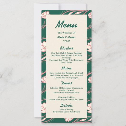 Roze Groene Lotus Lantaarns Indiase bruiloft Menu (Voorkant)