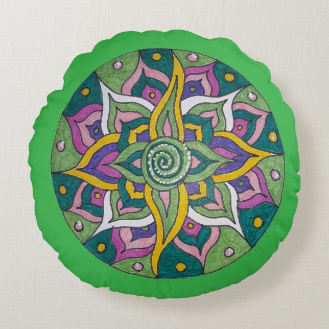 Roze/groene Lotus Mandala Ronde Worp Kussen (Voorkant)