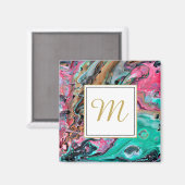 Roze & groene marmer monogram magneet (Voorkant / Achterkant)