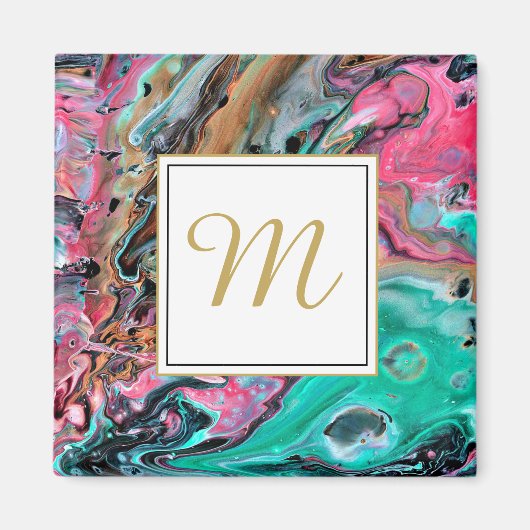 Roze & groene marmer monogram magneet (Voorkant)