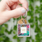 Roze & groene marmer monogram sleutelhanger (Hand)