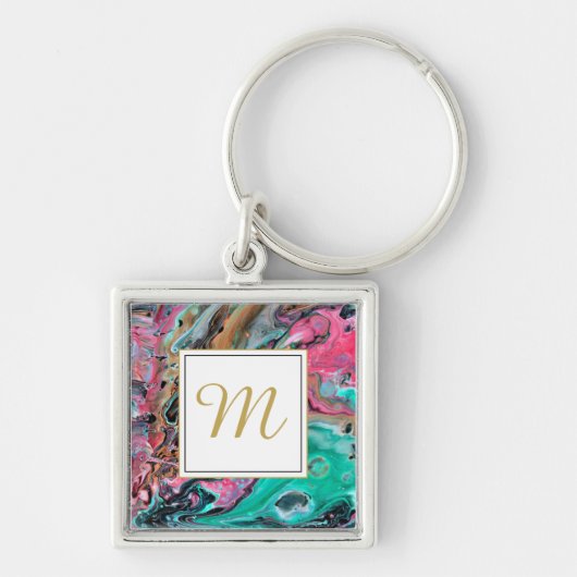 Roze & groene marmer monogram sleutelhanger (Voorkant)