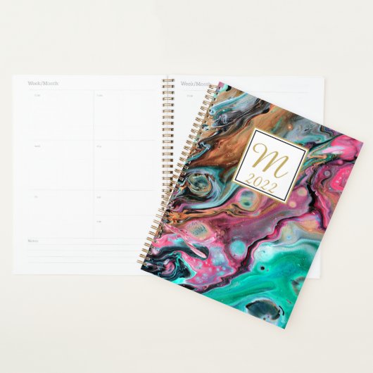 Roze & groene marmeren monogram planner (Display)