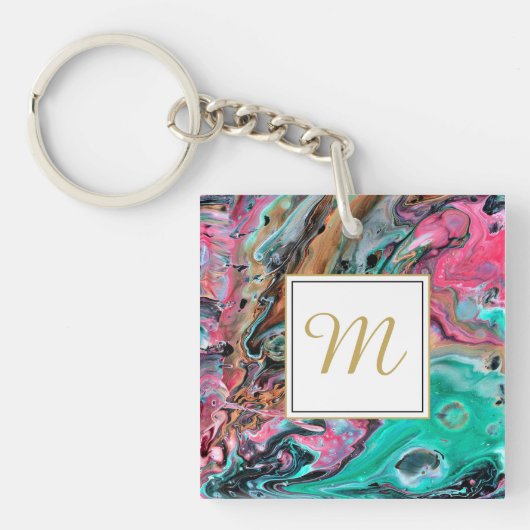Roze & Groene marmeren monogram Sleutelhanger (voorkant)
