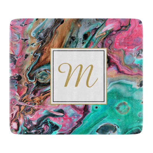 Roze & groene marmeren monogram snijplank (Voorkant)