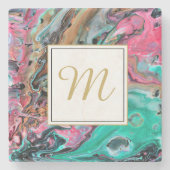 Roze & groene marmeren monogram stenen onderzetter (Voorkant)