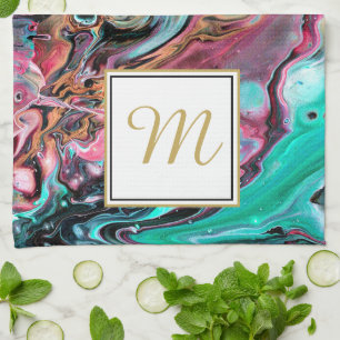 Roze & groene marmeren monogram theedoek