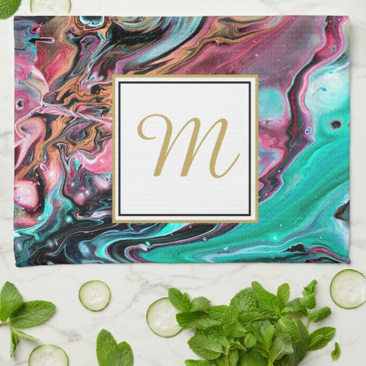 Roze & groene marmeren monogram theedoek (Gevouwen)