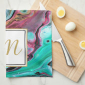 Roze & groene marmeren monogram theedoek (Quarter Fold)