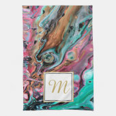 Roze & groene marmeren monogram theedoek (Verticaal)